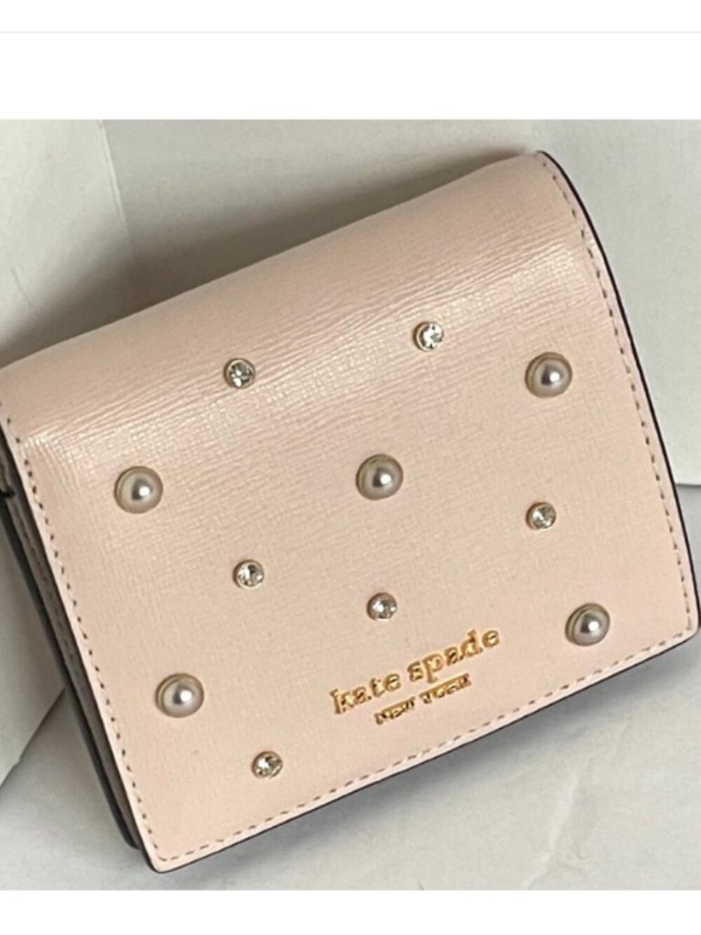 Kate Spade Purl Pearl Small Bifold Wallet Pale Dogwood Crystal Saffiano